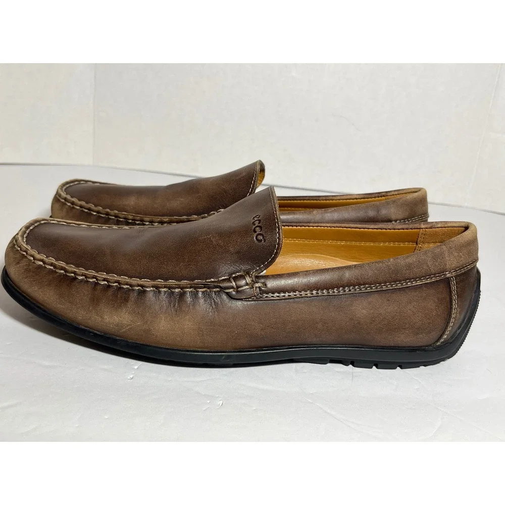 ECCO Mens Brown Leather Handsewn Loafers Slip On Driving Shoes Size 43 9 9.5